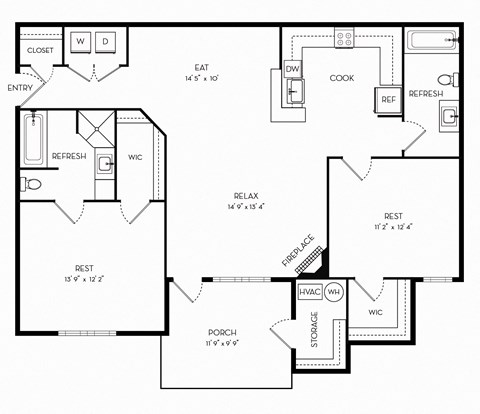 Floor plan for 2 beds, 2 baths, 1116 sqft